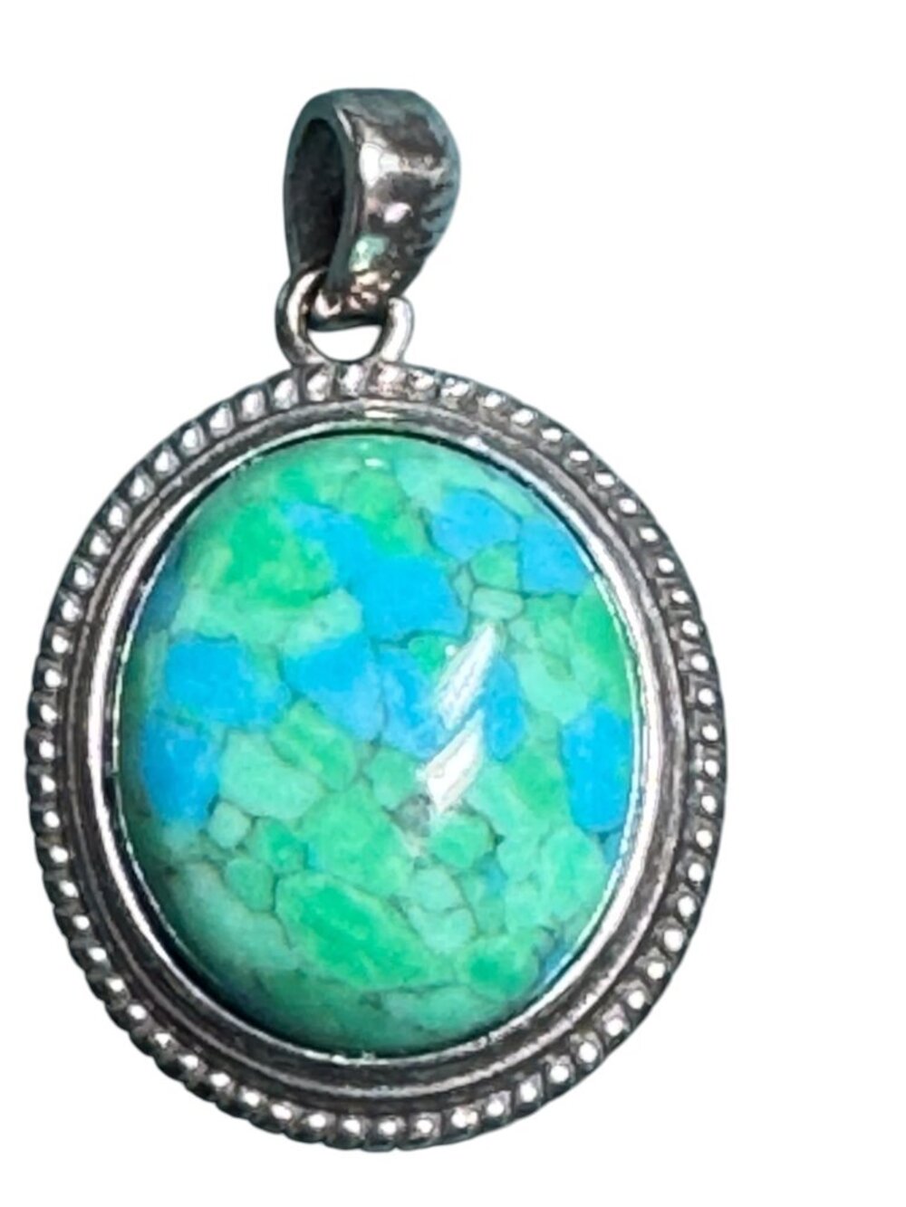 Sterling Silver 925 Turquoise Mosaic Pendant Round Beaded Frame Blue Green Stone